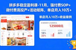 (16557期)拼多多稳定盈利课-11月,强付费SOP+微付费高投产+活动矩阵,单店月入10w+